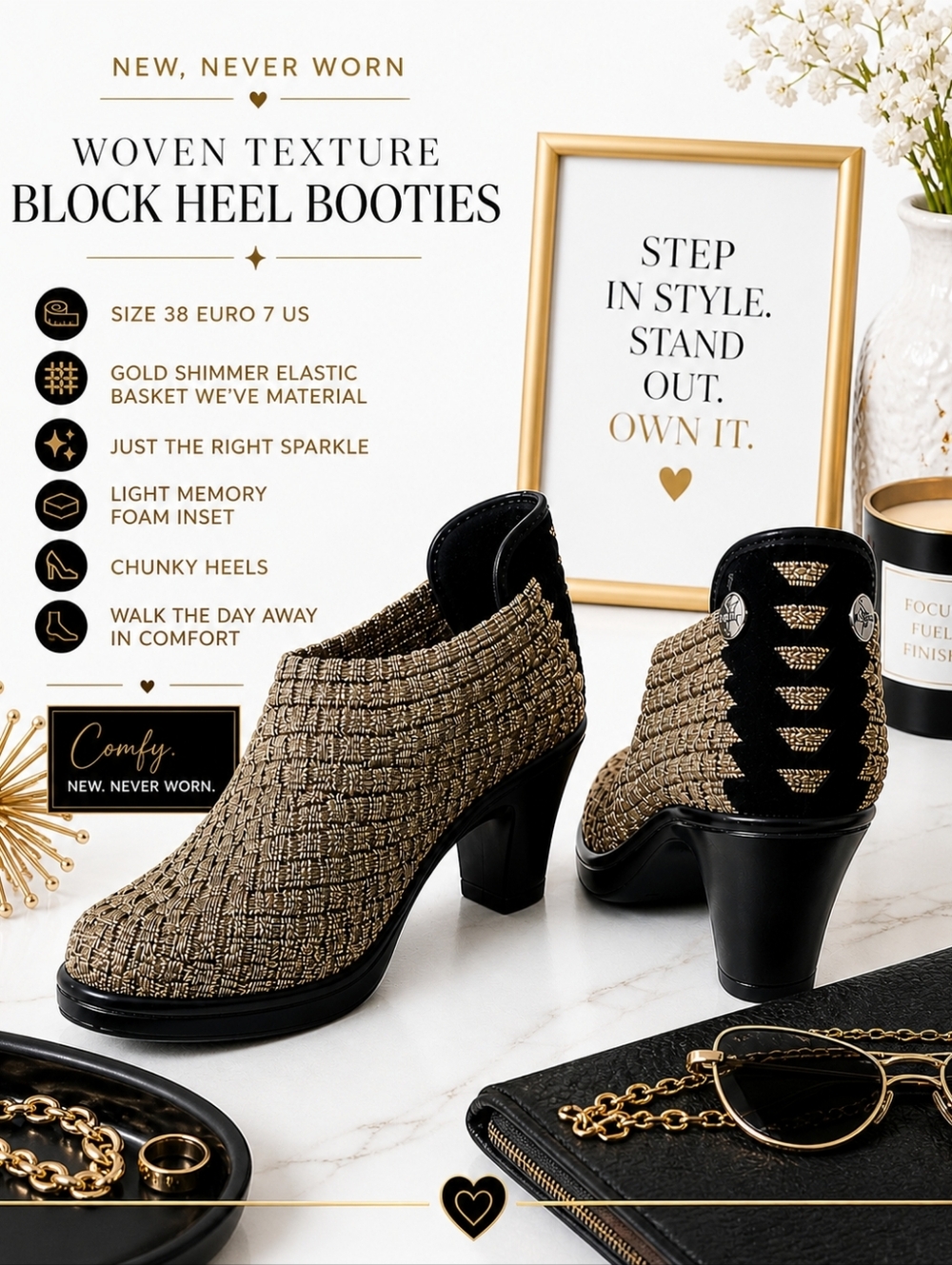 Brand NEW-Gold Woven Bootie Heels – EU 37 (US 7–7.5) | 3” Heel |